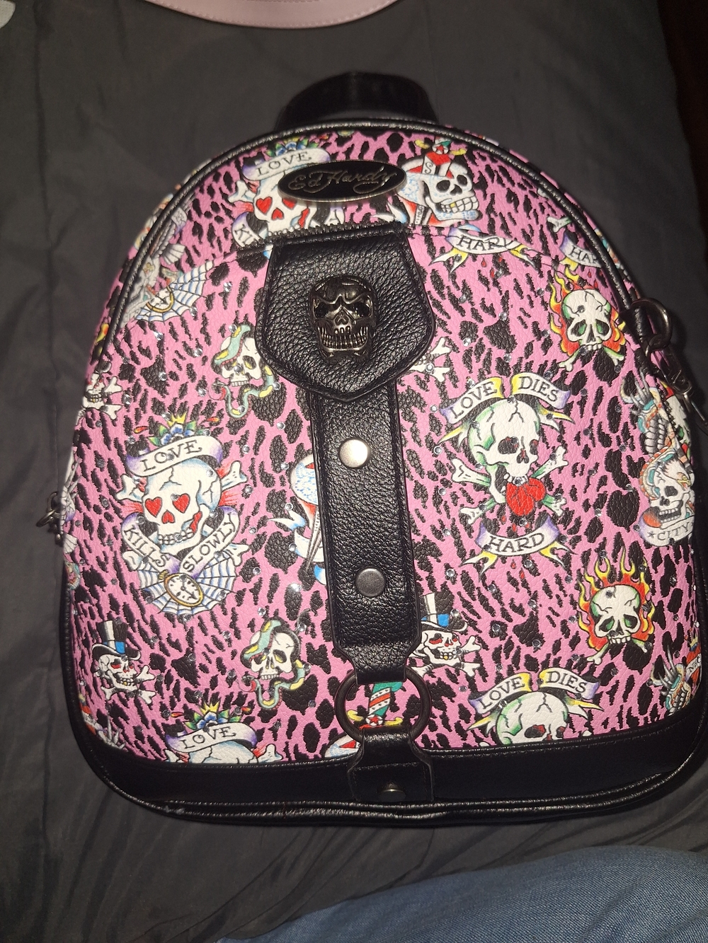 Ed Hardy Pink Skull & Tattoo Print Backpack